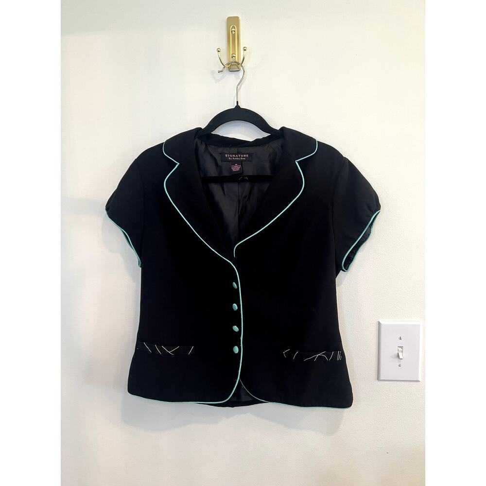 Vintage Robbie Bee Black Short Sleeve Blazer Jacket Teal Trim Size 10